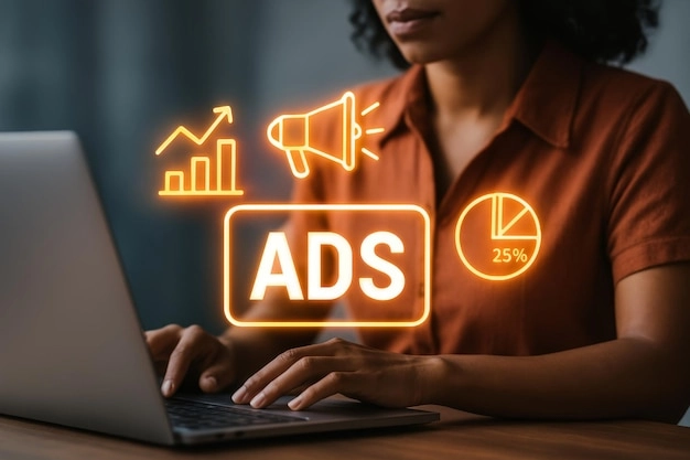 woman-creating-digital-advertisement-campaign-with-futuristic-marketing-icons-on-laptop-screen_1401785-2289